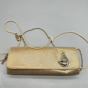 Kate Landry Gold Metallic Clutch Crossbody – Evening Bag with Chain Strap |